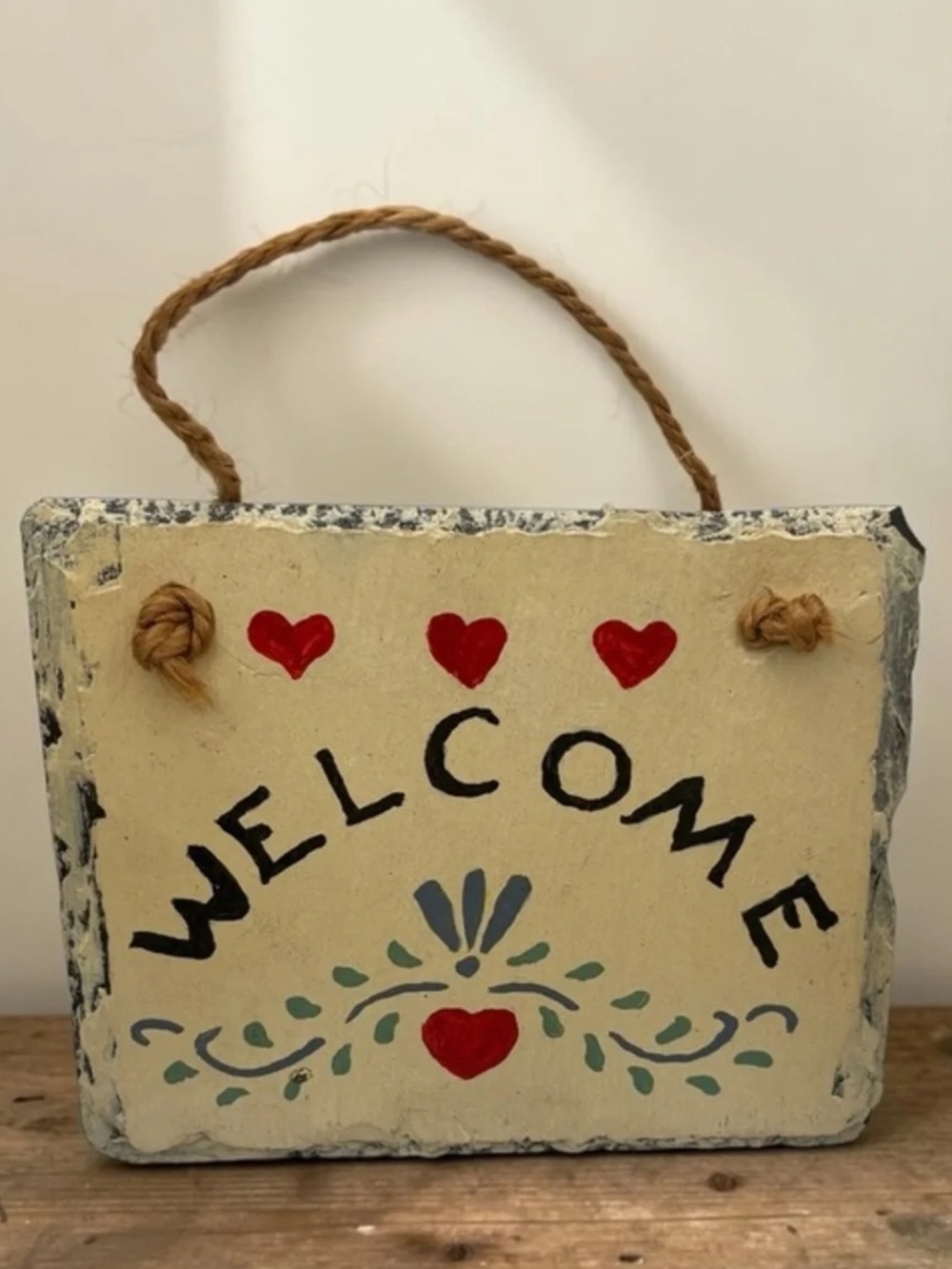 Welcome Rustic Hanging Sign - Cream with Red and Blue Accents